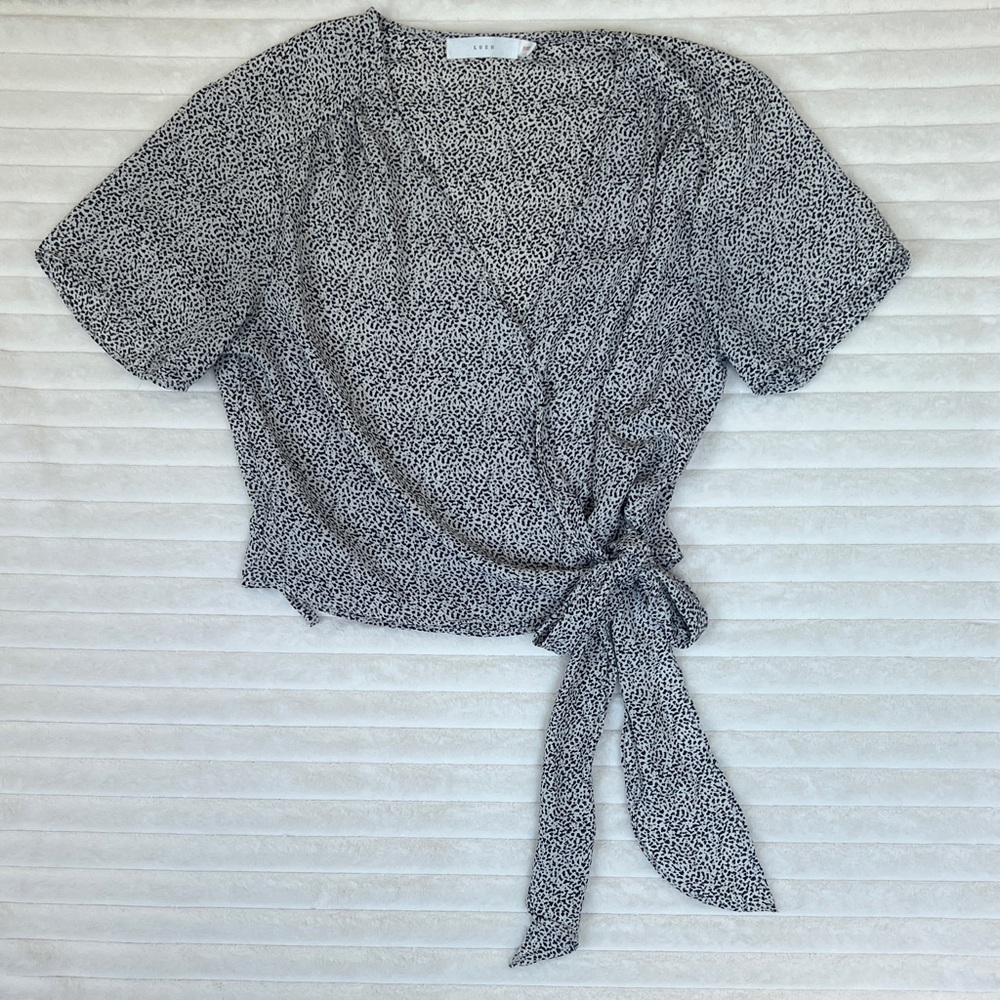 Lush Black and White Patterned Wrap Blouse